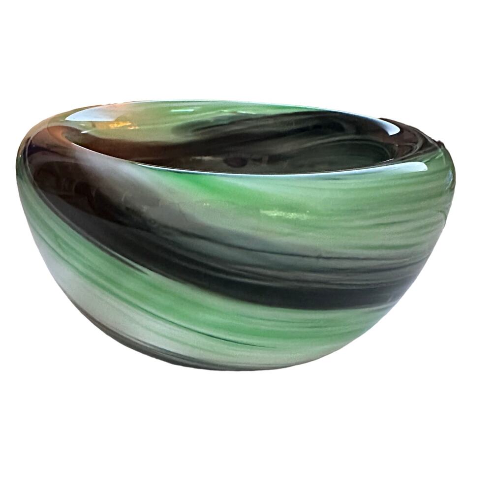 Hand Blown Glass Murano style trinket candle votive dish Green Swirl Black 4.5"